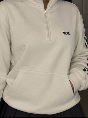 Vans Versa Quarter-Zip Checkerboard Mock Neck Pullover Sweatshirt Cream